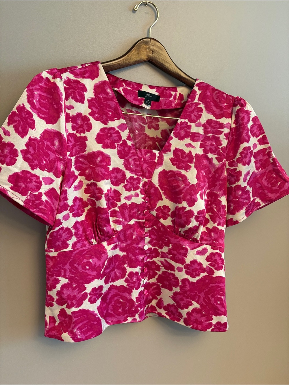 J. Crew Hot Pink and Cream Floral V-Neck Blouse - sz 8